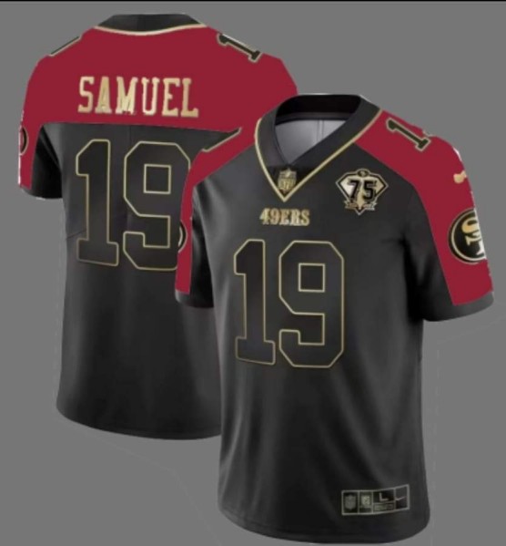 Men's San Francisco 49ers #19 Deebo Samuel Balck Red With 75th Anniversary Patch Stitched Football Jersey Men's San Francisco 49ers #19 Deebo Samuel Balck Red With 75th Anniversary Patch Stitched Football Jersey