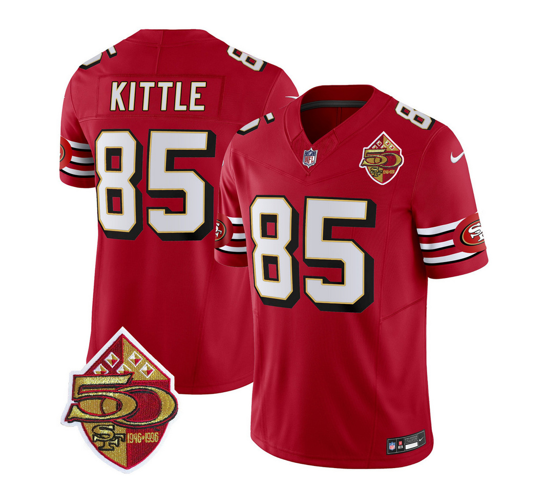 Men's San Francisco 49ers #85 George Kittle Red 2023 F.U.S.E. 50th Patch Throwback Stitched Football Jersey Men's San Francisco 49ers #85 George Kittle Red 2023 F.U.S.E. 50th Patch Throwback Stitched Football Jersey
