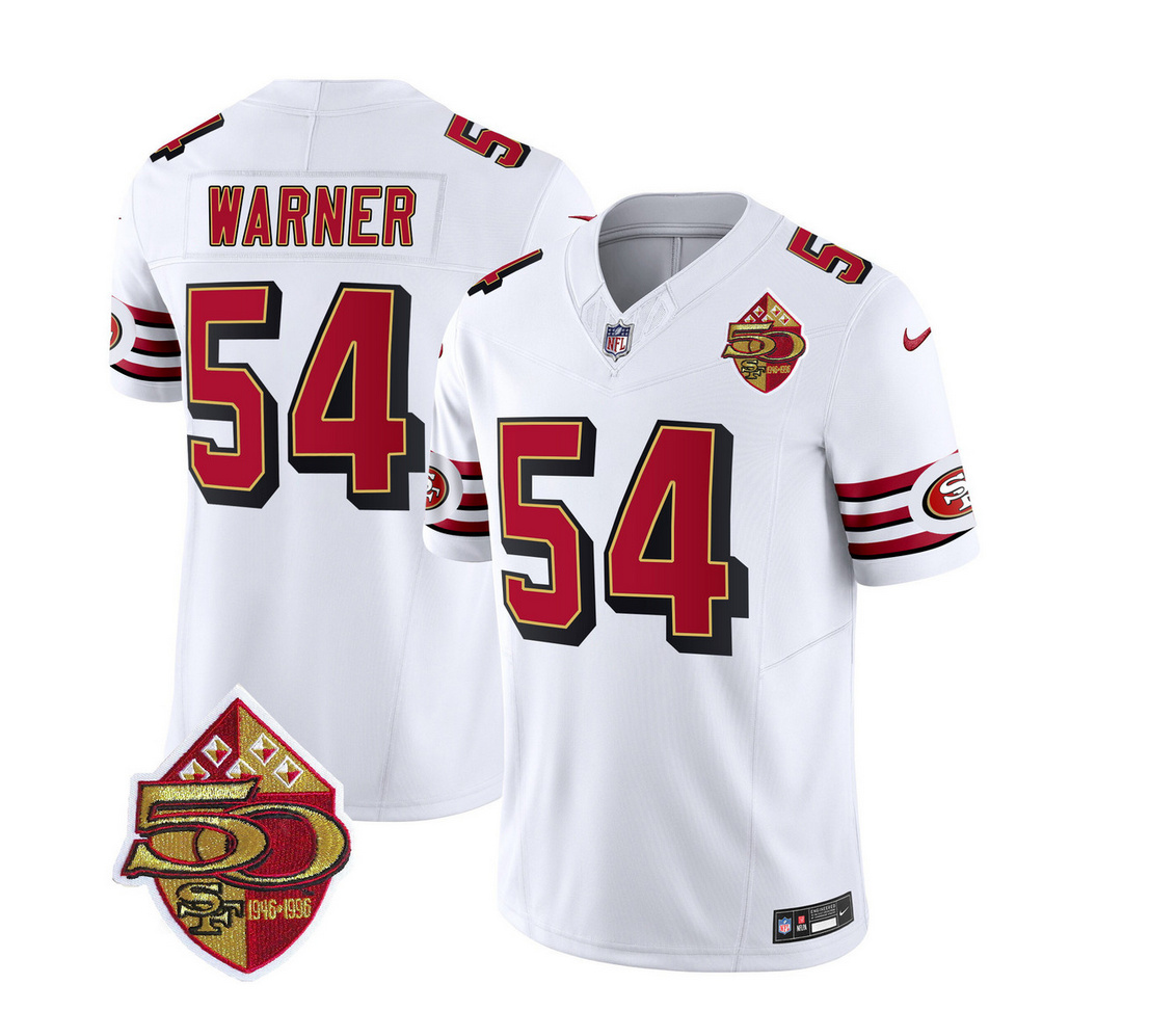 Men's San Francisco 49ers #54 Fred Warner White 2023 F.U.S.E. 50th Patch Throwback Stitched Football Jersey Men's San Francisco 49ers #54 Fred Warner White 2023 F.U.S.E. 50th Patch Throwback Stitched Football Jersey