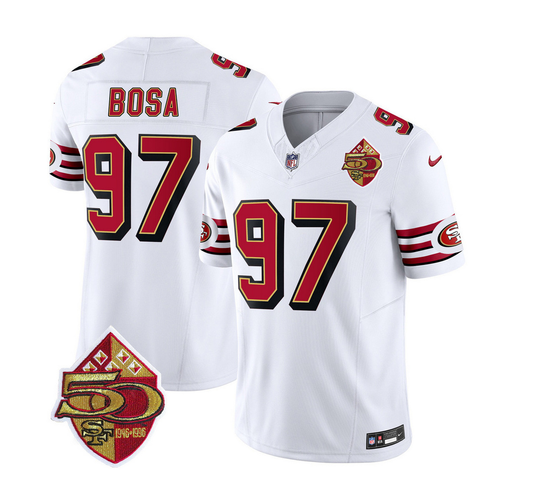 Men's San Francisco 49ers #97 Nick Bosa White 2023 F.U.S.E. 50th Patch Throwback Stitched Football Jersey Men's San Francisco 49ers #97 Nick Bosa White 2023 F.U.S.E. 50th Patch Throwback Stitched Football Jersey
