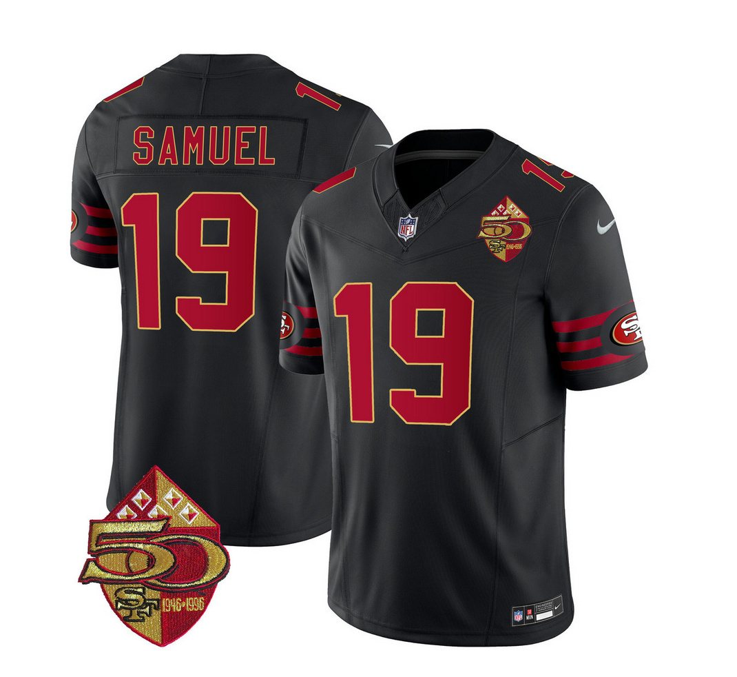 Men's San Francisco 49ers #19 Deebo Samuel Black 2023 F.U.S.E. 50th Patch Vapor Limited Stitched Football Jersey Men's San Francisco 49ers #19 Deebo Samuel Black 2023 F.U.S.E. 50th Patch Vapor Limited Stitched Football Jersey