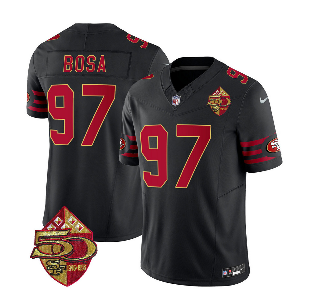 Men's San Francisco 49ers #97 Nick Bosa Black 2023 F.U.S.E. 50th Patch Vapor Limited Stitched Football Jersey Men's San Francisco 49ers #97 Nick Bosa Black 2023 F.U.S.E. 50th Patch Vapor Limited Stitched Football Jersey