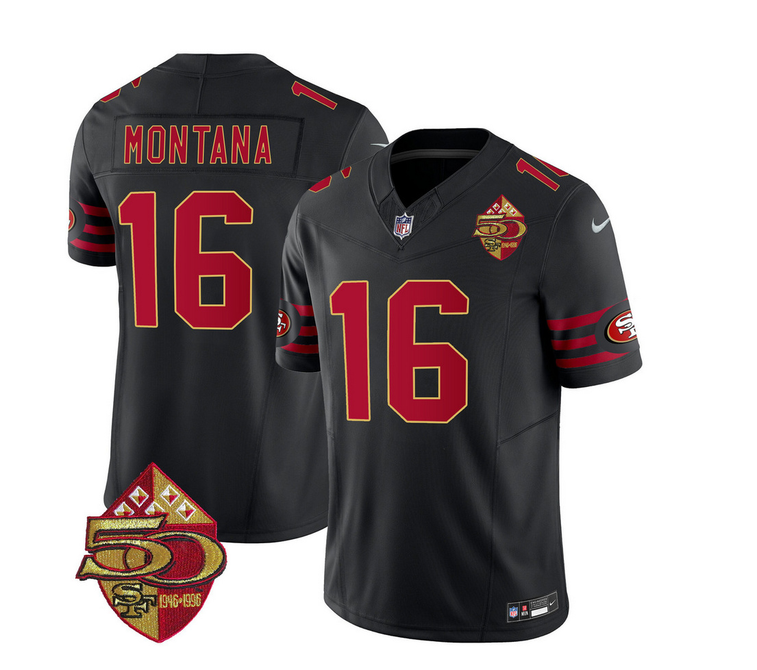 Men's San Francisco 49ers #16 Joe Montana Black 2023 F.U.S.E. 50th Patch Vapor Limited Stitched Football Jersey Men's San Francisco 49ers #16 Joe Montana Black 2023 F.U.S.E. 50th Patch Vapor Limited Stitched Football Jersey
