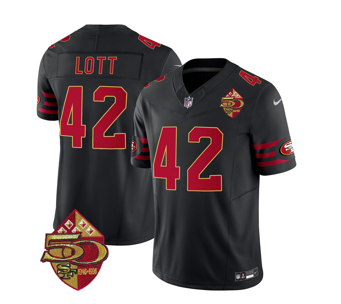 Men's San Francisco 49ers #42 Ronnie Lott Black 2023 F.U.S.E. 50th Patch Vapor Limited Stitched Football Jersey Men's San Francisco 49ers #42 Ronnie Lott Black 2023 F.U.S.E. 50th Patch Vapor Limited Stitched Football Jersey