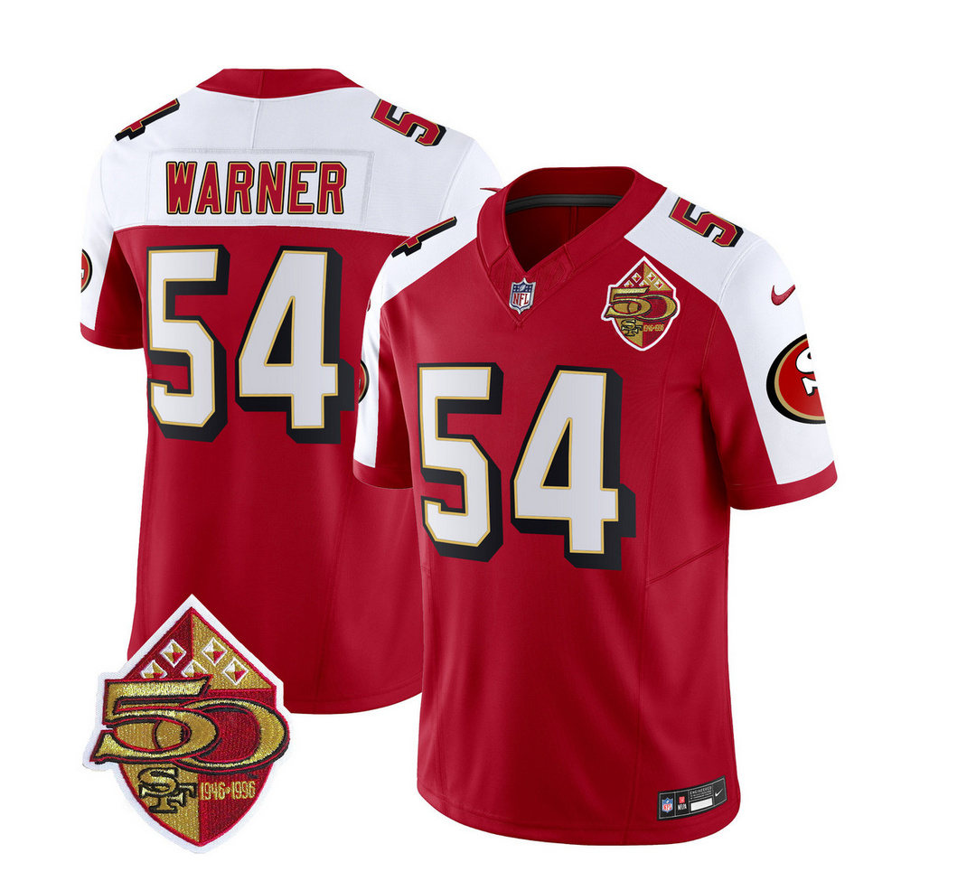 Men's San Francisco 49ers #54 Fred Warner Red/White 2023 F.U.S.E. 50th Patch Vapor Limited Stitched Football Jersey Men's San Francisco 49ers #54 Fred Warner Red/White 2023 F.U.S.E. 50th Patch Vapor Limited Stitched Football Jersey