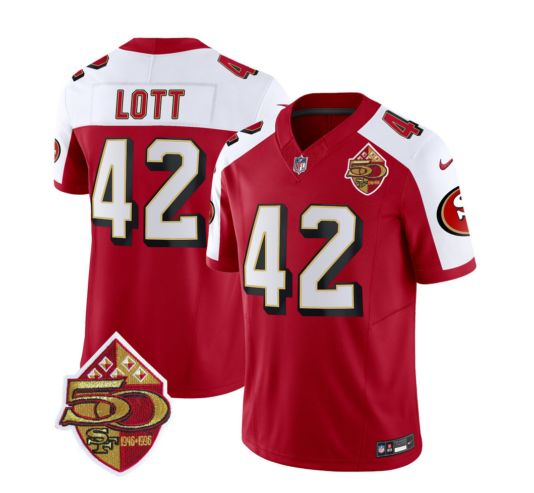 Men's San Francisco 49ers #42 Ronnie Lott Red/White 2023 F.U.S.E. 50th Patch Throwback Stitched Football Jersey Men's San Francisco 49ers #42 Ronnie Lott Red/White 2023 F.U.S.E. 50th Patch Throwback Stitched Football Jersey