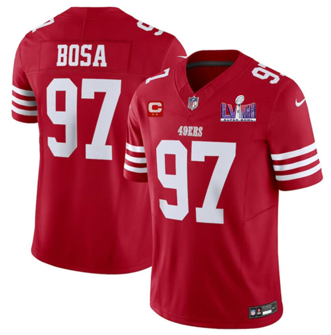 Men's San Francisco 49ers #97 Nick Bosa Red F.U.S.E. Super Bowl LVIII Patch And 2-star C Patch Vapor Untouchable Limited Stitched Football Jersey Men's San Francisco 49ers #97 Nick Bosa Red F.U.S.E. Super Bowl LVIII Patch And 2-star C Patch Vapor Untouchable Limited Stitched Football Jersey