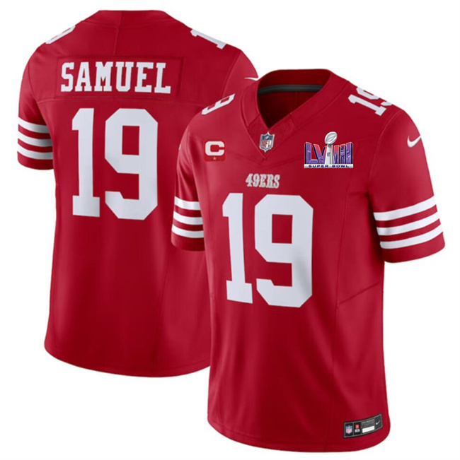 Men's San Francisco 49ers #19 Deebo Samuel Red F.U.S.E. Super Bowl LVIII Patch And 1-star C Patch Vapor Untouchable Limited Stitched Football Jersey Men's San Francisco 49ers #19 Deebo Samuel Red F.U.S.E. Super Bowl LVIII Patch And 1-star C Patch Vapor Untouchable Limited Stitched Football Jersey