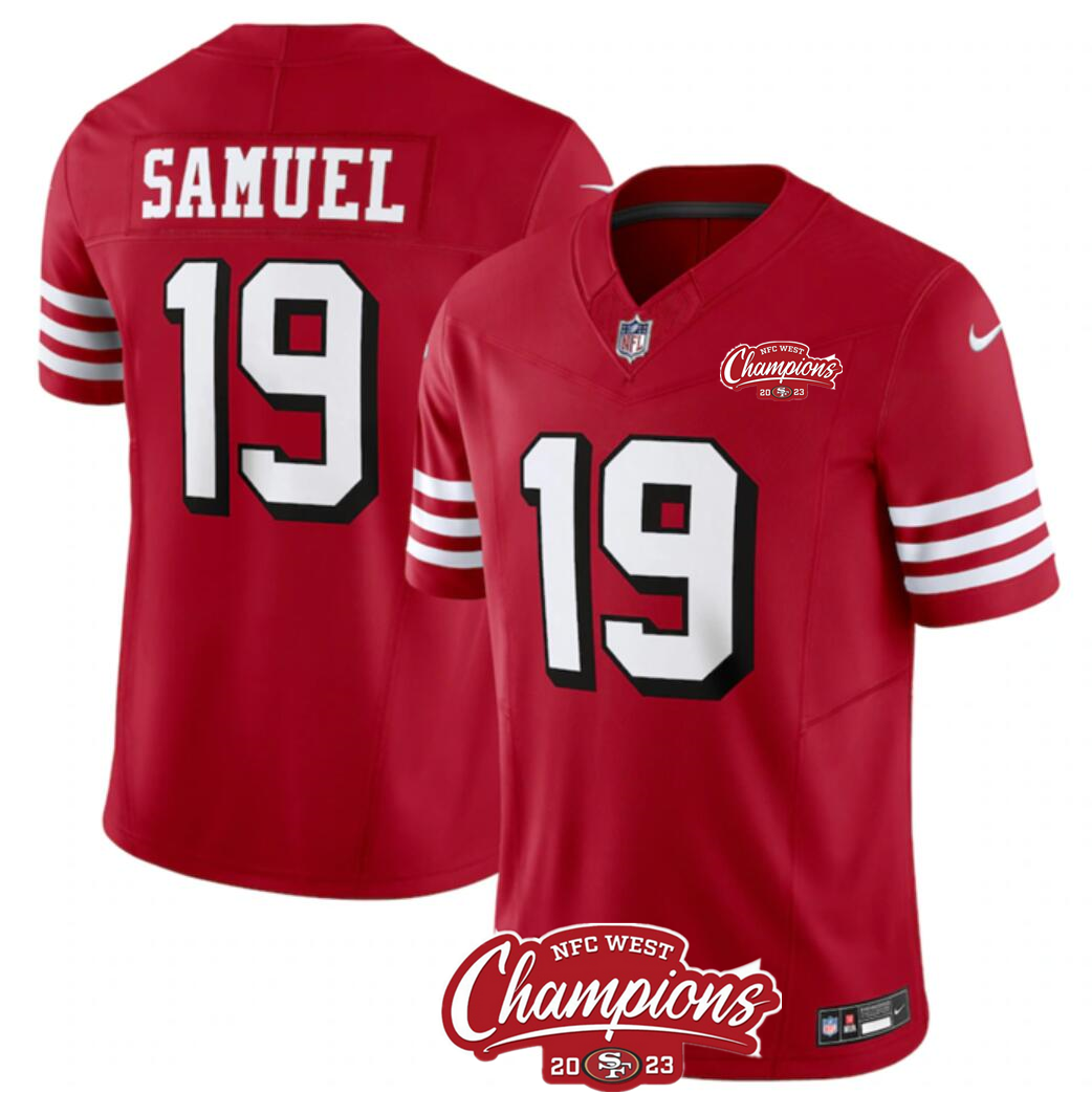 Men's San Francisco 49ers #19 Deebo Samuel Red 2023 F.U.S.E. NFC West Champions Patch Alternate Stitched Football Jersey Men's San Francisco 49ers #19 Deebo Samuel Red 2023 F.U.S.E. NFC West Champions Patch Alternate Stitched Football Jersey