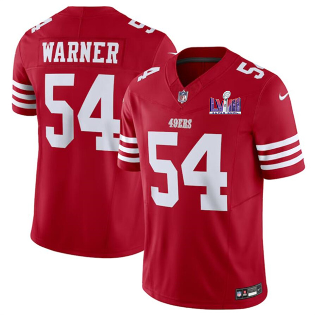 Men's San Francisco 49ers #54 Fred Warner Red F.U.S.E. Super Bowl LVIII Patch Vapor Untouchable Limited Stitched Football Jersey Men's San Francisco 49ers #54 Fred Warner Red F.U.S.E. Super Bowl LVIII Patch Vapor Untouchable Limited Stitched Football Jersey