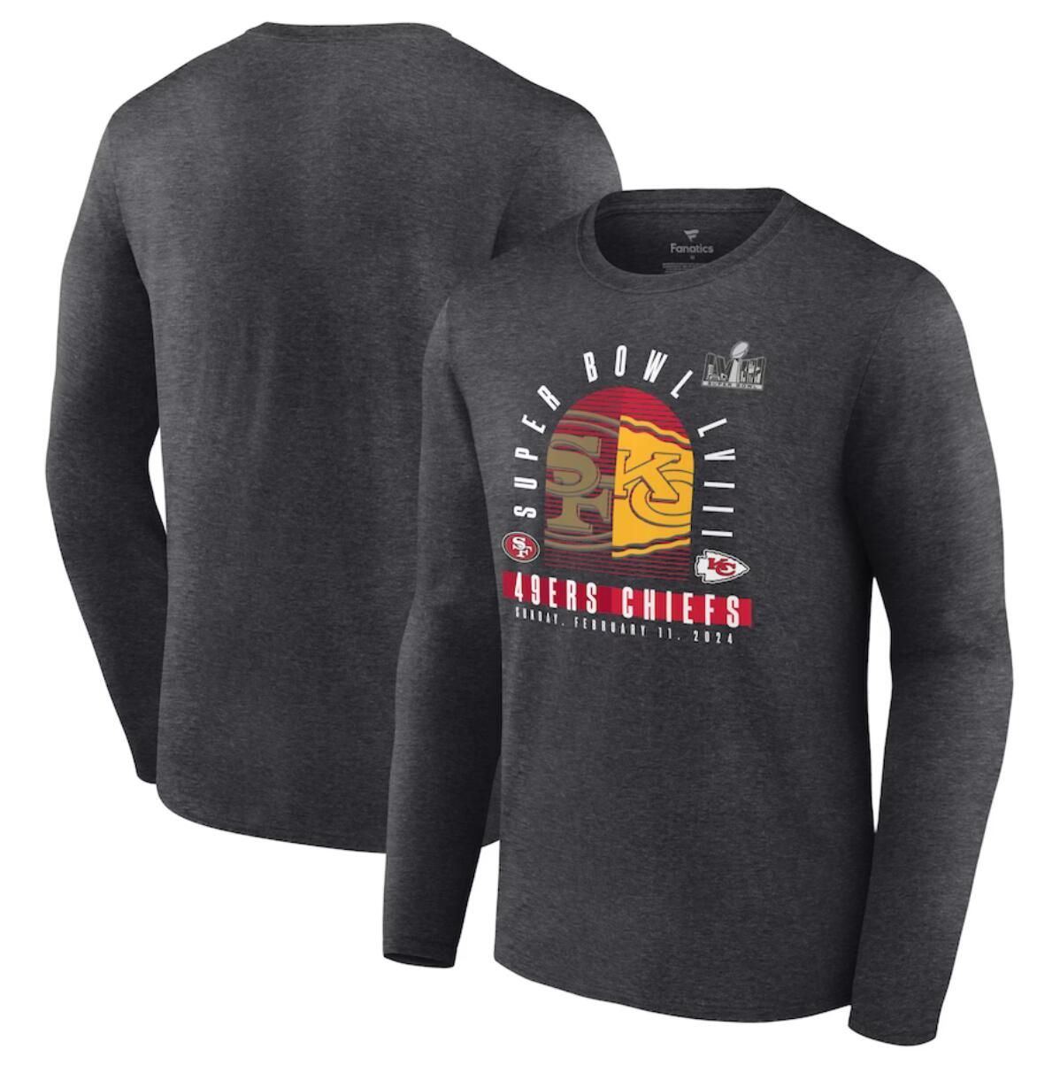 Men's Heather Charcoal Kansas City Chiefs vs. San Francisco 49ers Super Bowl LVIII Matchup Final Battle Long Sleeve T-Shirt Men's Heather Charcoal Kansas City Chiefs vs. San Francisco 49ers Super Bowl LVIII Matchup Final Battle Long Sleeve T-Shirt