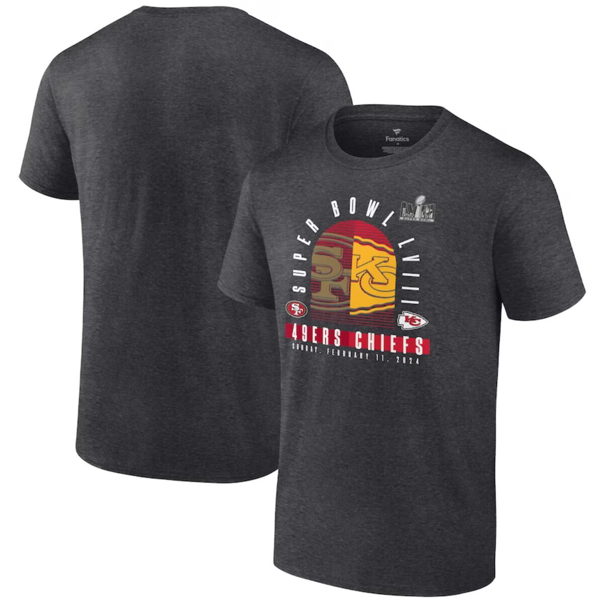 Men's Heather Charcoal San Francisco 49ers vs. Kansas City Chiefs Super Bowl LVIII Matchup Final Battle T-Shirt Men's Heather Charcoal San Francisco 49ers vs. Kansas City Chiefs Super Bowl LVIII Matchup Final Battle T-Shirt