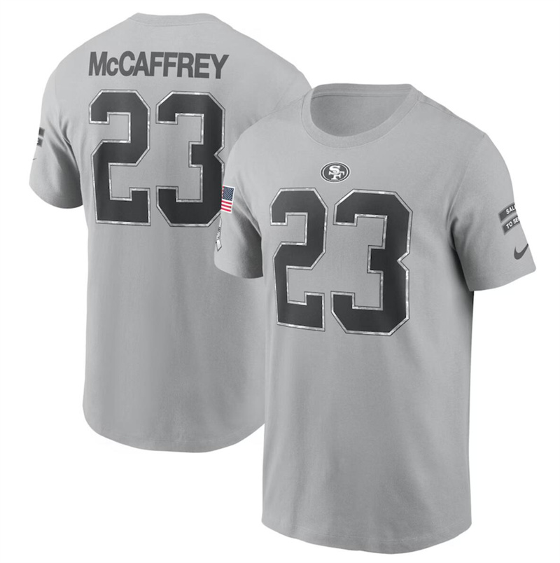 Men's San Francisco 49ers #23 Christian McCaffrey 2024 Gray Salute To Service Name & Number T-Shirt Men's San Francisco 49ers #23 Christian McCaffrey 2024 Gray Salute To Service Name & Number T-Shirt