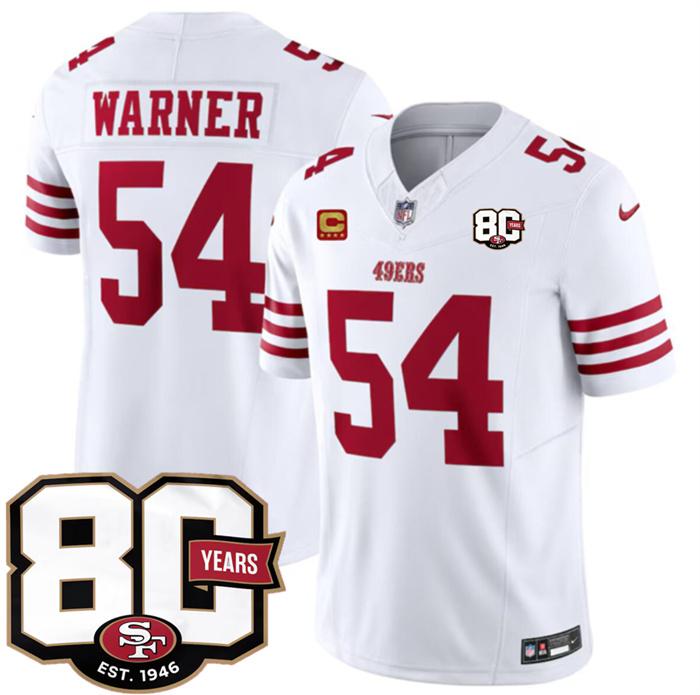 Men's San Francisco 49ers #54 Fred Warner White 80th Anniversary Patch And 4-Star C Patch 2026 F.U.S.E. Vapor Untouchable Limited Stitched Football Jersey