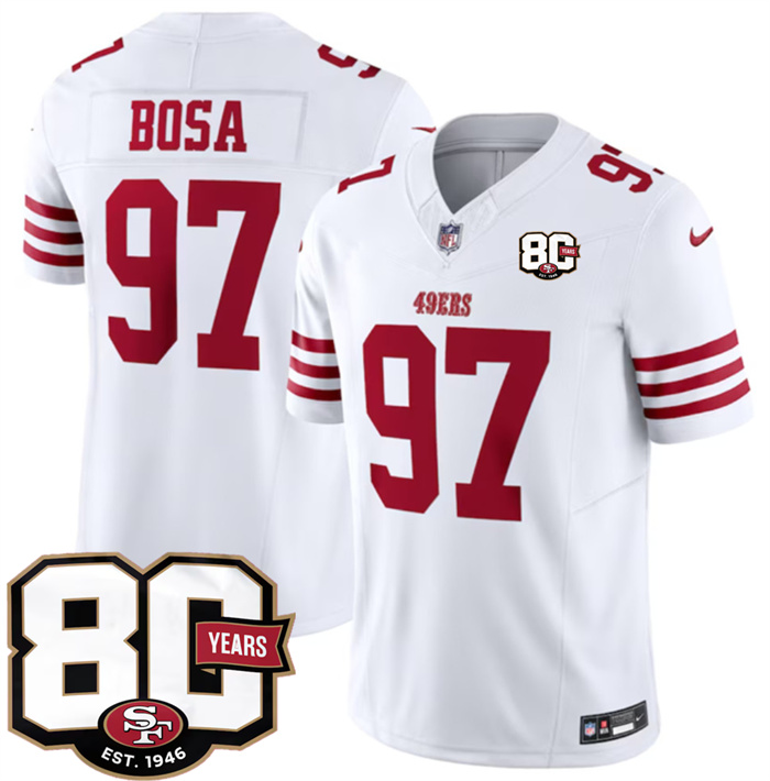 Men's San Francisco 49ers #97 Nick Bosa White 80th Anniversary Patch 2026 F.U.S.E. Vapor Untouchable Limited Stitched Football Jersey