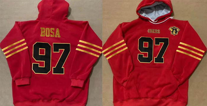 Men's San Francisco 49ers Customized Red Gold 75th Anniversary Alternate Pullover Hoodie Men's San Francisco 49ers Customized Red Gold 75th Anniversary Alternate Pullover Hoodie