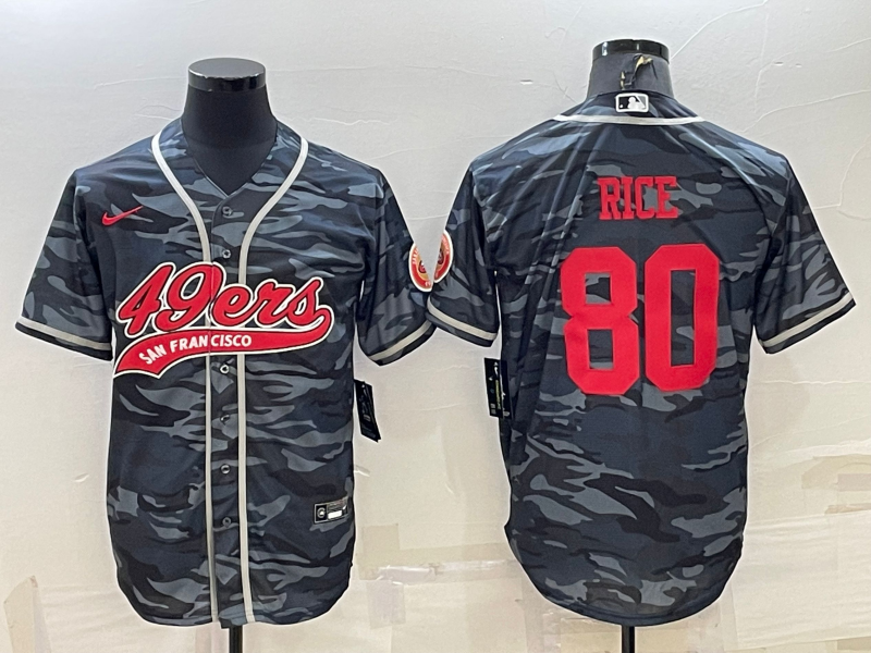 Men's San Francisco 49ers #80 Jerry Rice Grey Red Camo With Patch Cool Base Stitched Baseball Jersey Men's San Francisco 49ers #80 Jerry Rice Grey Red Camo With Patch Cool Base Stitched Baseball Jersey