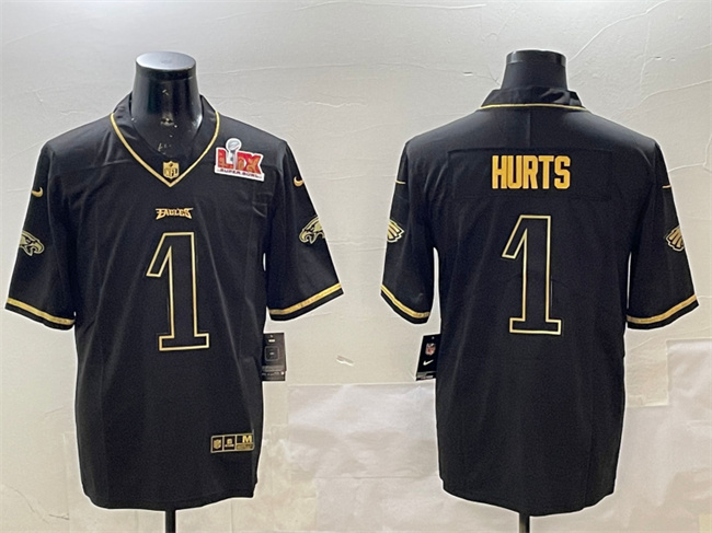 Men's Philadelphia Eagles #1 Jalen Hurts Black/Gold 2025 Super Bowl LIX Patch Salute To Service Vapor Untouchable Limited Stitched Football Jersey Men's Philadelphia Eagles #1 Jalen Hurts Black/Gold 2025 Super Bowl LIX Patch Salute To Service Vapor Untouchable Limited Stitched Football Jersey