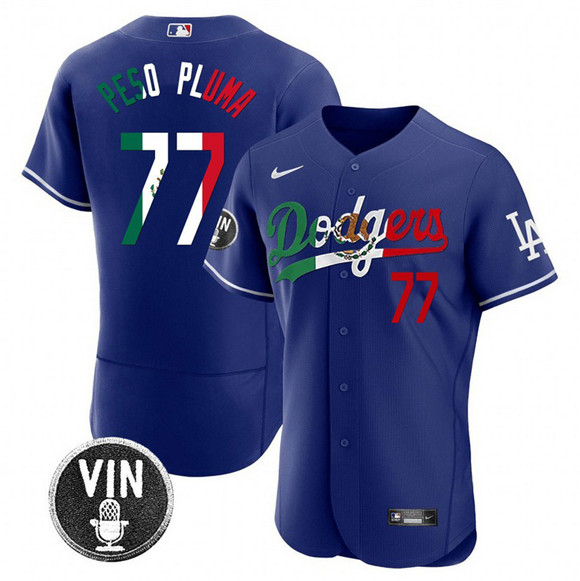 Men's Los Angeles Dodgers #77 Pezo Pluma Royal Mexico Special Vin Scully Patch Flex Base Stitched Baseball Jersey Men's Los Angeles Dodgers #77 Pezo Pluma Royal Mexico Special Vin Scully Patch Flex Base Stitched Baseball Jersey