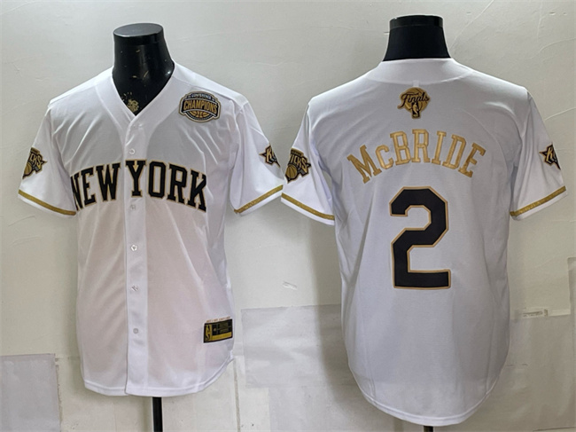 Men's New York Knicks #2 Miles McBride White Gold 2026 Finals & Eastern Conference Champions Patch Stitched Baseball Jersey