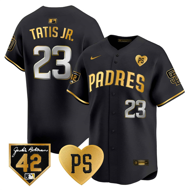 Men's San Diego Padres #23 Fernando Tatis Jr. Black/Gold 'For Peter' & Robinson Patch Limited Stitched Baseball Jersey Men's San Diego Padres #23 Fernando Tatis Jr. Black/Gold 'For Peter' & Robinson Patch Limited Stitched Baseball Jersey