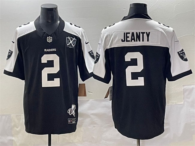 Men's Las Vegas Raiders #2 Ashton Jeanty Black/White 2025 Draft F.U.S.E. With Nevada Silver Stat Patch And 65th Anniversary Patch Stitched Football Jersey Men's Las Vegas Raiders #2 Ashton Jeanty Black/White 2025 Draft F.U.S.E. With Nevada Silver Stat Patch And 65th Anniversary Patch Stitched Football Jersey