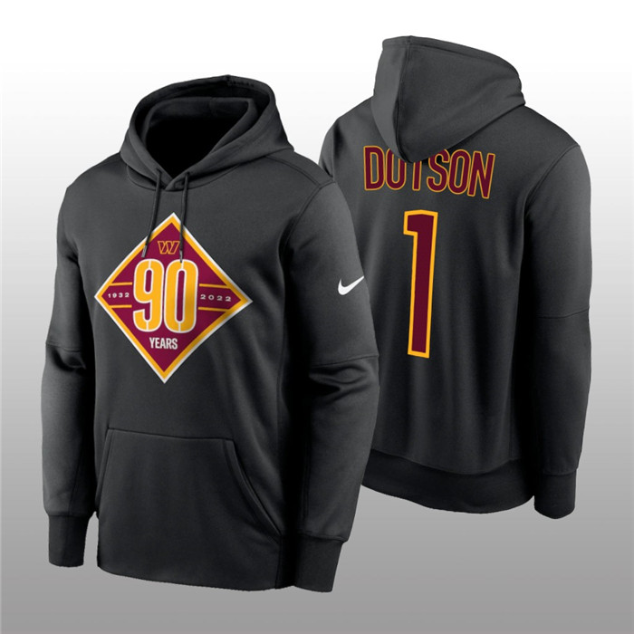 Men's Washington Commanders #1 Jahan Dotson Black 90th Anniversary Performance Pullover Hoodie Men's Washington Commanders #1 Jahan Dotson Black 90th Anniversary Performance Pullover Hoodie