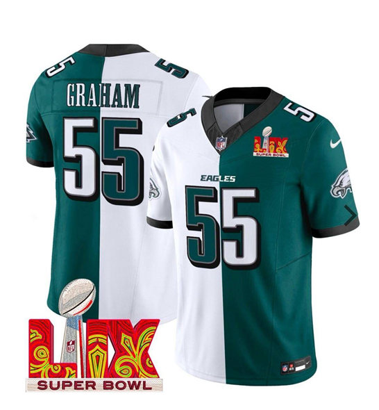 Men's Philadelphia Eagles #55 Brandon Graham White/Green Split 2025 Super Bowl LIX Patch F.U.S.E. Vapor Untouchable Limited Stitched Football Jersey Men's Philadelphia Eagles #55 Brandon Graham White/Green Split 2025 Super Bowl LIX Patch F.U.S.E. Vapor Untouchable Limited Stitched Football Jersey