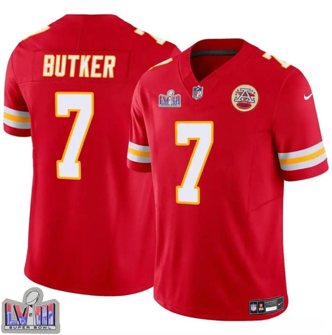 Men's Kansas City Chiefs #7 Harrison Butker Red F.U.S.E. Super Bowl LVIII Patch Vapor Untouchable Limited Stitched Football Jersey Men's Kansas City Chiefs #7 Harrison Butker Red F.U.S.E. Super Bowl LVIII Patch Vapor Untouchable Limited Stitched Football Jersey
