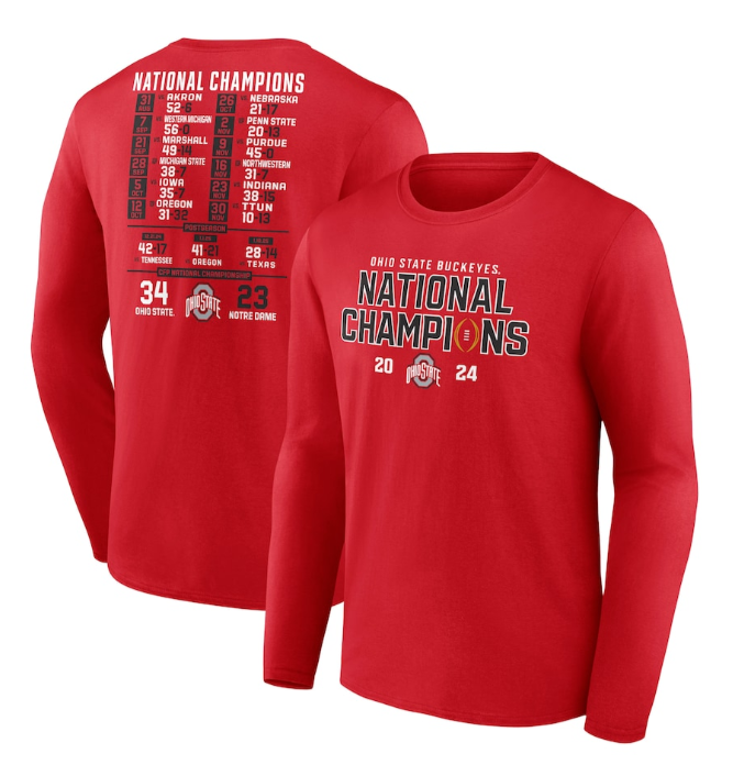 Men's Ohio State Buckeyes Red 2024 National Champions Schedule Long Sleeve T-Shirt Men's Ohio State Buckeyes Red 2024 National Champions Schedule Long Sleeve T-Shirt