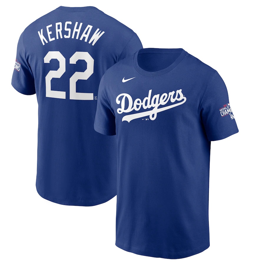 Men's Los Angeles Dodgers #22 Clayton Kershaw Blue 2020 World Series Champions T-Shirt Men's Los Angeles Dodgers #22 Clayton Kershaw Blue 2020 World Series Champions T-Shirt