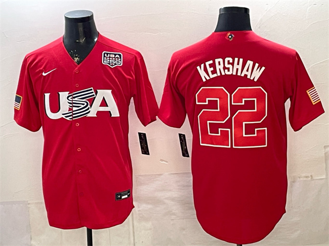 Men's USA Baseball #22 Clayton Kershaw Red 2026 World Baseball Classic USA 250' Patch Stadium Stitched Jersey Men's USA Baseball #22 Clayton Kershaw Red 2026 World Baseball Classic USA 250' Patch Stadium Stitched Jersey