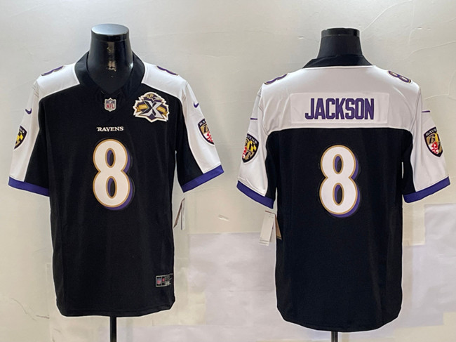 Men's Baltimore Ravens #8 Lamar Jackson Black/White 2023 F.U.S.E With Patch Throwback Vapor Limited Jersey Men's Baltimore Ravens #8 Lamar Jackson Black/White 2023 F.U.S.E With Patch Throwback Vapor Limited Jersey