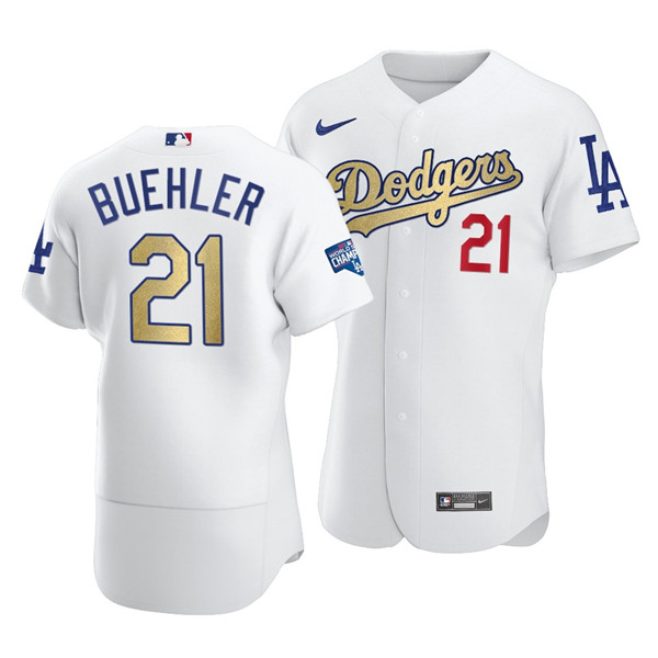 Men's Los Angeles Dodgers #21 Walker Buehler White Gold 2021 World Series Champions Patch Sttiched MLB Jersey Men's Los Angeles Dodgers #21 Walker Buehler White Gold 2021 World Series Champions Patch Sttiched MLB Jersey