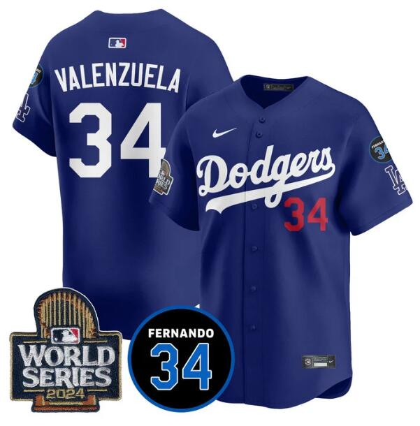 Men's Los Angeles Dodgers #34 Toro Valenzuela Royal 2024 World Series With Fernando Memorial Patch Limited Stitched Baseball Jersey Men's Los Angeles Dodgers #34 Toro Valenzuela Royal 2024 World Series With Fernando Memorial Patch Limited Stitched Baseball Jersey