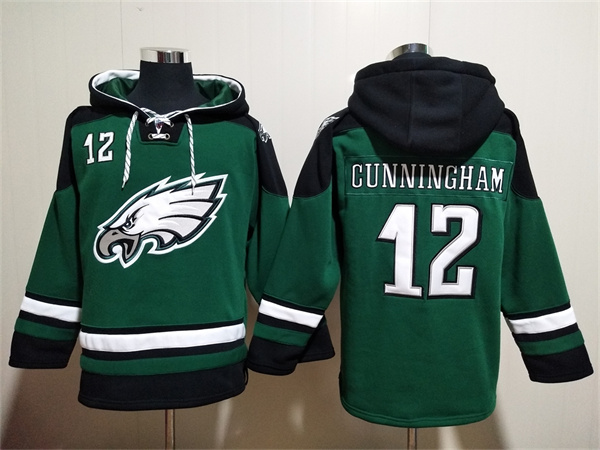 Men's Philadelphia Eagles #12 Randall Cunningham Green Lace-Up Pullover Hoodie Men's Philadelphia Eagles #12 Randall Cunningham Green Lace-Up Pullover Hoodie