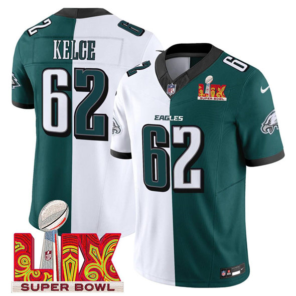 Men's Philadelphia Eagles #62 Jason Kelce White/Green Split 2025 Super Bowl LIX Patch F.U.S.E. Vapor Untouchable Limited Stitched Football Jersey Men's Philadelphia Eagles #62 Jason Kelce White/Green Split 2025 Super Bowl LIX Patch F.U.S.E. Vapor Untouchable Limited Stitched Football Jersey