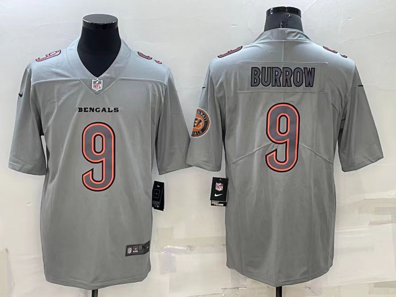 Men's Cincinnati Bengals #9 Joe Burrow Gray With Patch Atmosphere Fashion Stitched Jersey Men's Cincinnati Bengals #9 Joe Burrow Gray With Patch Atmosphere Fashion Stitched Jersey