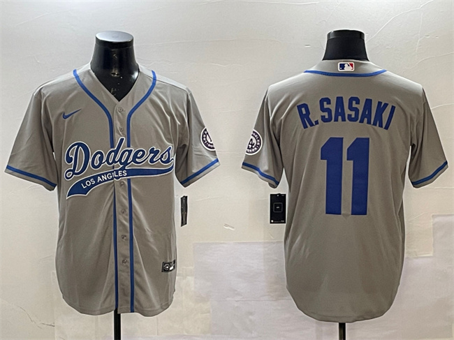 Men's Los Angeles Dodgers #11 Roki Sasaki Grey With Patch Cool Base Stitched Baseball Jersey Men's Los Angeles Dodgers #11 Roki Sasaki Grey With Patch Cool Base Stitched Baseball Jersey