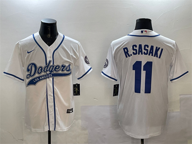 Men's Los Angeles Dodgers #11 Roki Sasaki White With Patch Cool Base Stitched Baseball Jersey Men's Los Angeles Dodgers #11 Roki Sasaki White With Patch Cool Base Stitched Baseball Jersey