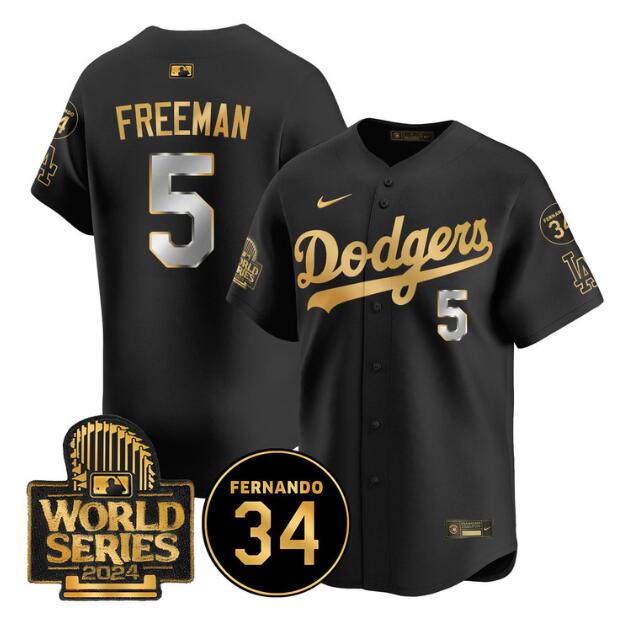 Men's Los Angeles Dodgers #5 Freddie Freeman Black/Gold 2024 World Series With Fernando Memorial Patch Limited Stitched Baseball Jersey Men's Los Angeles Dodgers #5 Freddie Freeman Black/Gold 2024 World Series With Fernando Memorial Patch Limited Stitched Baseball Jersey