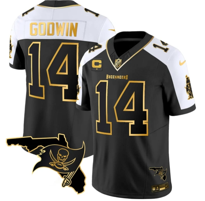 Women's Tampa Bay Buccaneers #14 Chris Godwin Black/White With 1-Star C Patch Limited Stitched Football Jersey(Run Small)