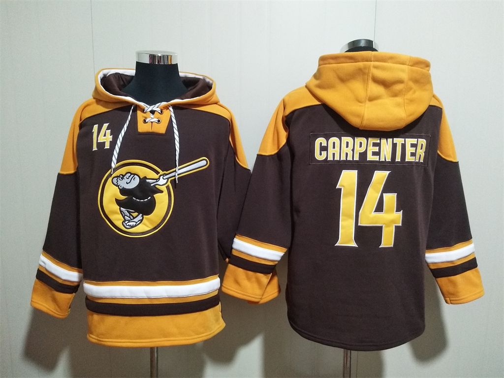 Men's San Diego Padres #14 Matt Carpenter Brown/Gold Ageless Must-Have Lace-Up Pullover Hoodie