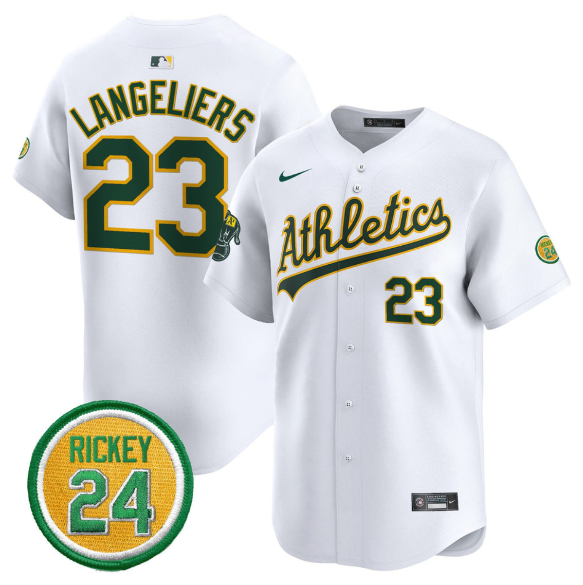 Men's Oakland Athletics #23 Shea Langeliers White 2024 Home Limited With Rickey Henderson Patch Stitched Jersey Men's Oakland Athletics #23 Shea Langeliers White 2024 Home Limited With Rickey Henderson Patch Stitched Jersey