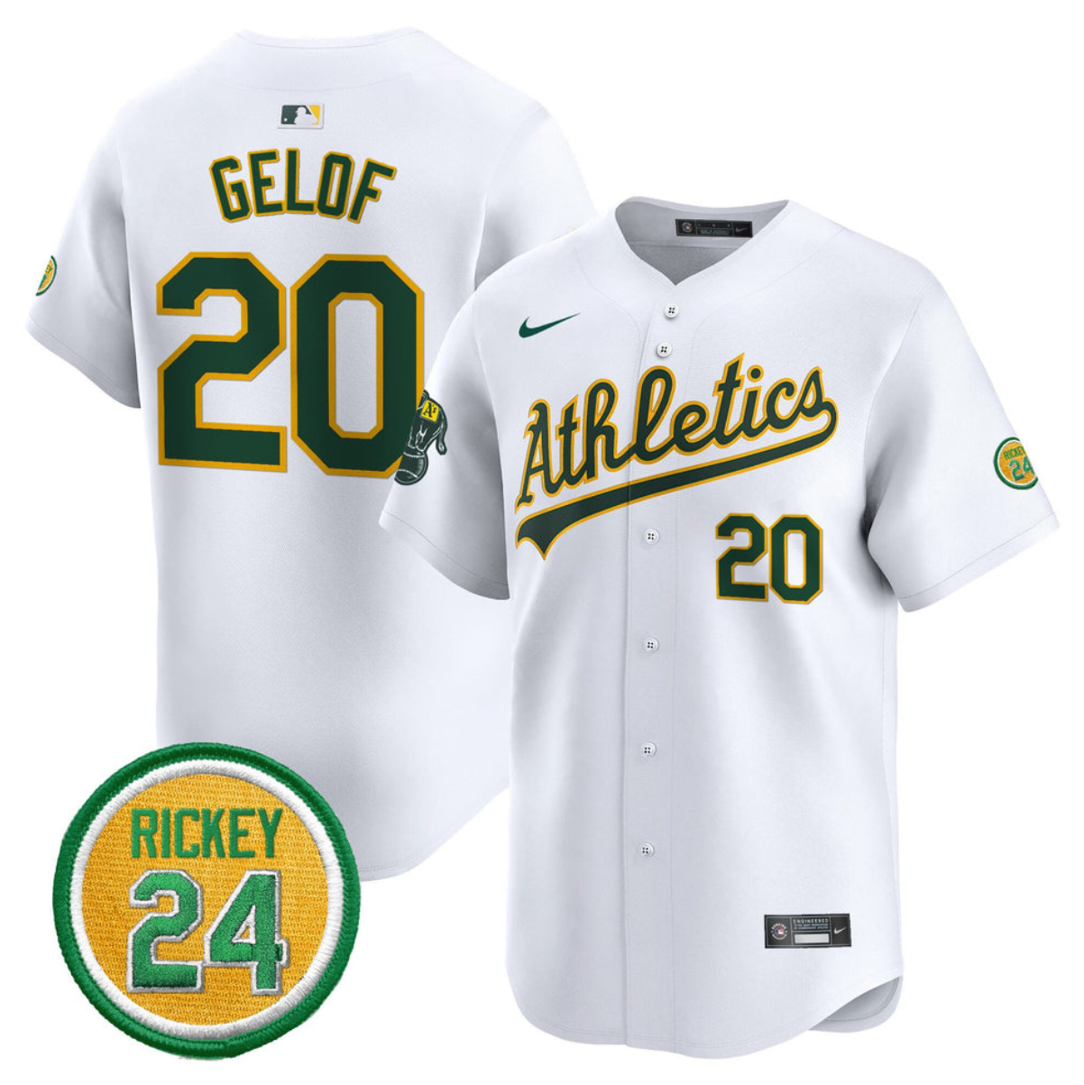 Men's Oakland Athletics #20 Zack Gelof White 2024 Home Limited With Rickey Henderson Patch Stitched Jersey Men's Oakland Athletics #20 Zack Gelof White 2024 Home Limited With Rickey Henderson Patch Stitched Jersey