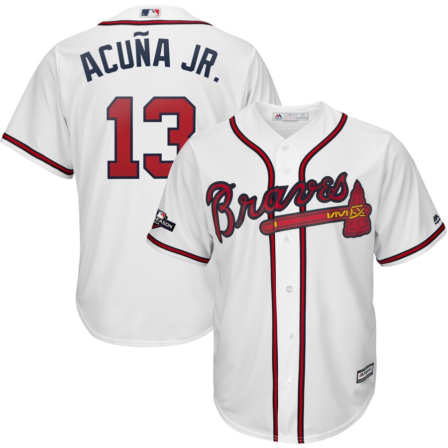 Atlanta Braves #13 Ronald Acuna Jr. Majestic 2019 Postseason Official Cool Base Player Jersey White Atlanta Braves #13 Ronald Acuna Jr. Majestic 2019 Postseason Official Cool Base Player Jersey White