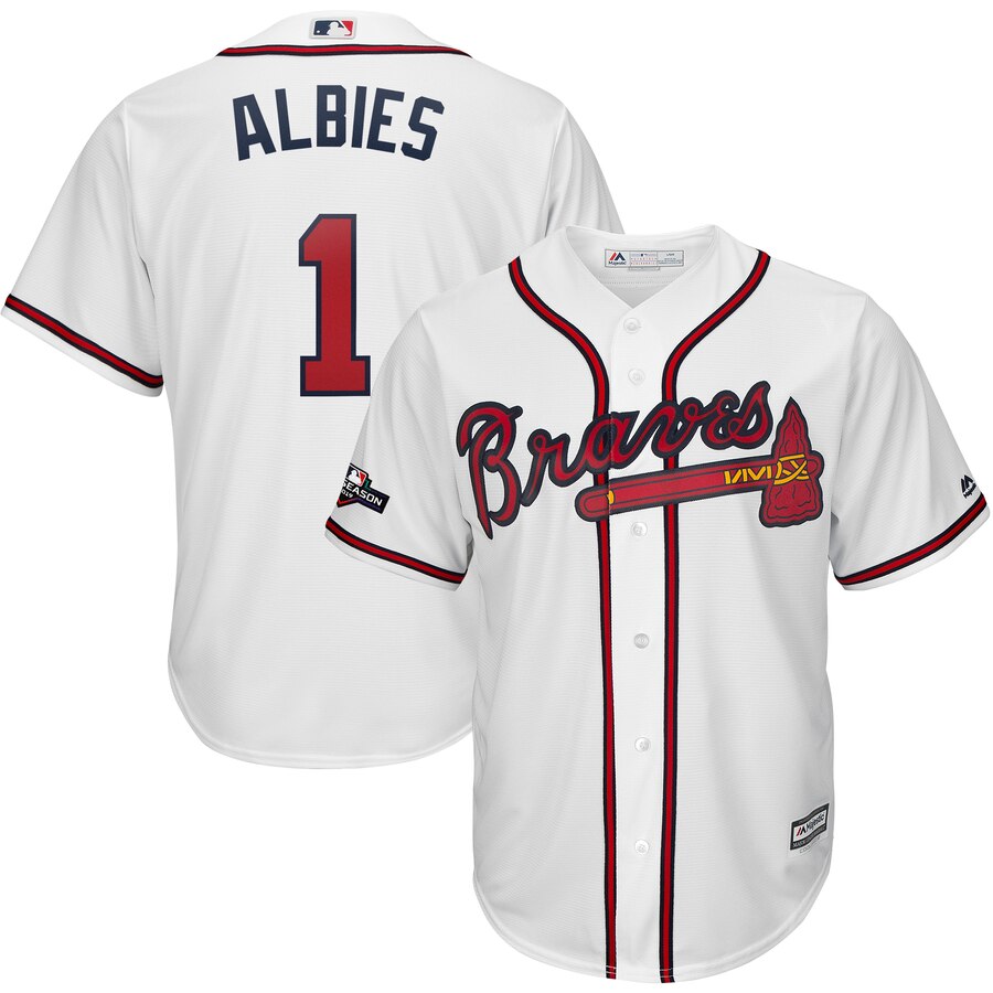 Atlanta Braves #1 Ozzie Albies Majestic 2019 Postseason Official Cool Base Player Jersey White Atlanta Braves #1 Ozzie Albies Majestic 2019 Postseason Official Cool Base Player Jersey White