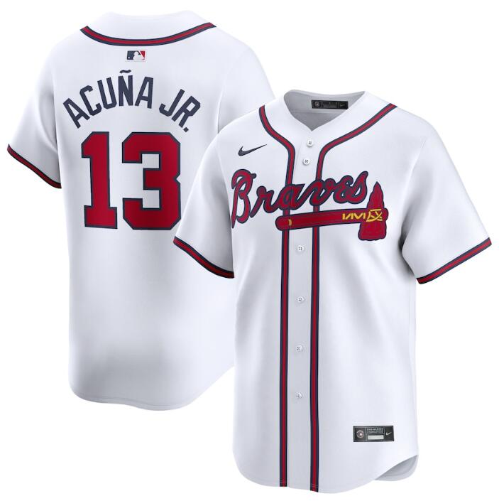 Men's Atlanta Braves #13 Ronald Acuña Jr. White 2024 Home Limited Stitched Baseball Jersey Men's Atlanta Braves #13 Ronald Acuña Jr. White 2024 Home Limited Stitched Baseball Jersey