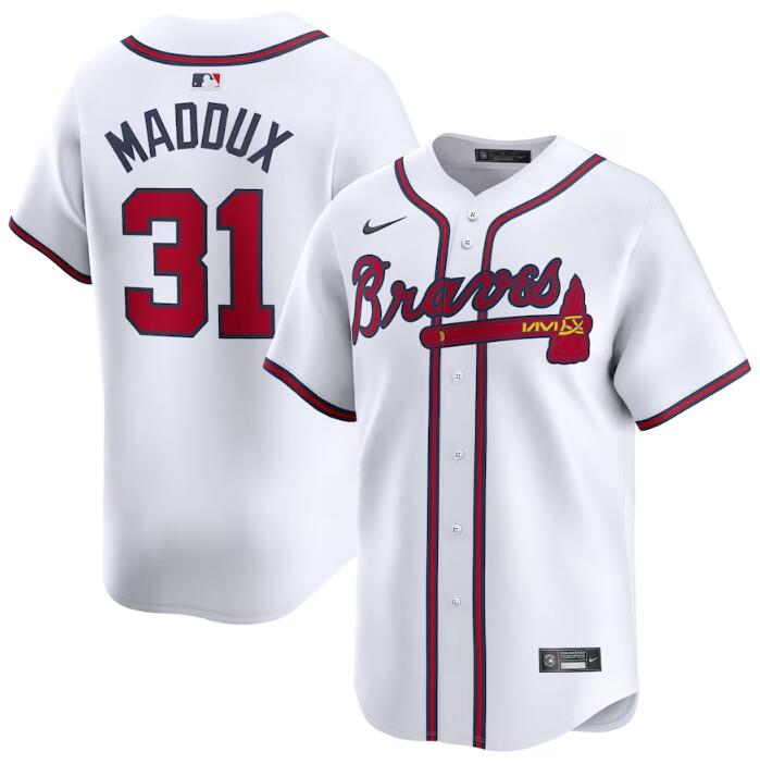 Men's Atlanta Braves #31 Greg Maddux White 2024 Home Limited Stitched Baseball Jersey Men's Atlanta Braves #31 Greg Maddux White 2024 Home Limited Stitched Baseball Jersey