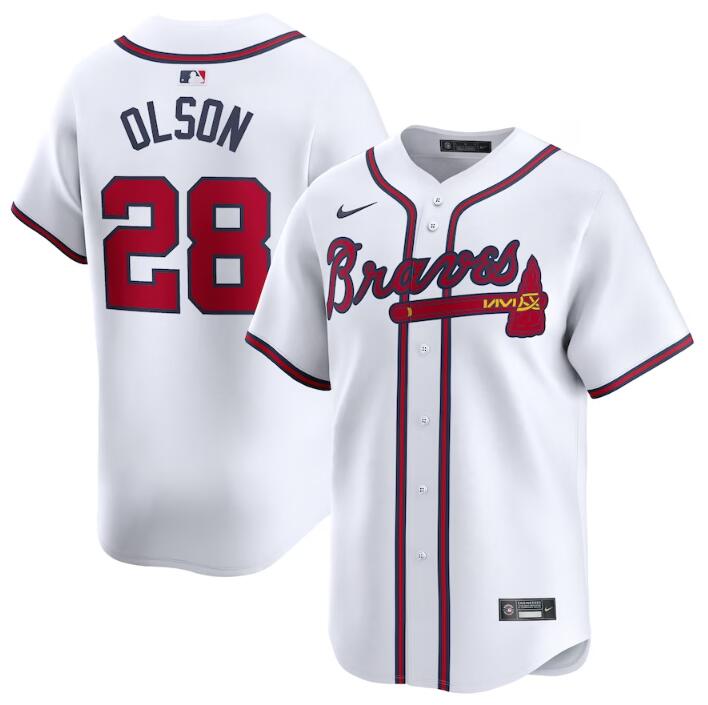 Men's Atlanta Braves #28 Matt Olson White 2024 Home Limited Stitched Baseball Jersey Men's Atlanta Braves #28 Matt Olson White 2024 Home Limited Stitched Baseball Jersey